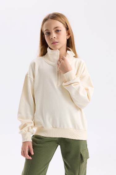 Kız Çocuk Relax Fit Dik Yaka Yarım Fermuarlı Baskılı Sweatshirt