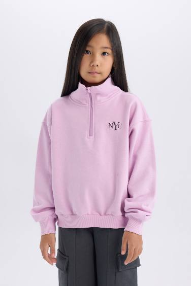 Girl Relax Fit Half Zipper Printed Sweatshirt