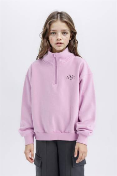 Girl Relax Fit Half Zipper Printed Sweatshirt