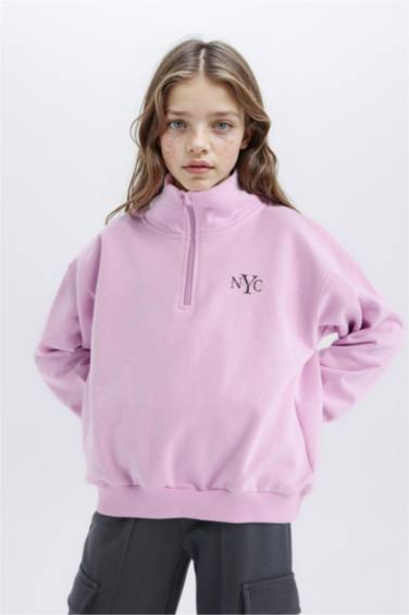 Girl Relax Fit Half Zipper Printed Sweatshirt