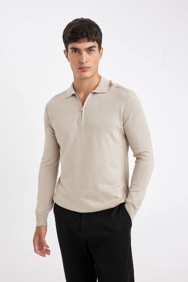 Beige Standard Fit Zippered Polo Neck Knitted Pullover