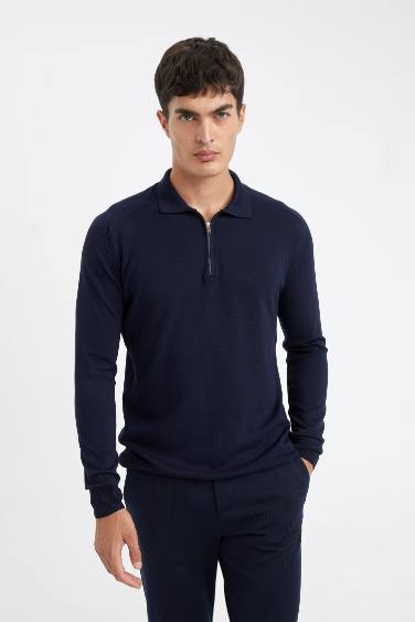 Standard Fit Zippered Polo Neck Knitted Pullover