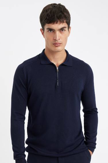 Standard Fit Zippered Polo Neck Knitted Pullover