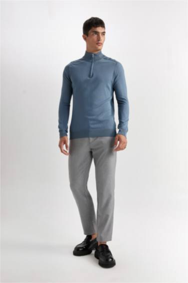 Mavi Standart Fit Normal Kesim Yarım Balıkçı Yarım Fermuarlı Triko Kazak