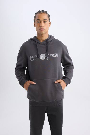 DeFactoFit NBA Golden State Warriors Boxy Fit Kapüşonlu Baskılı Kalın Sweatshirt