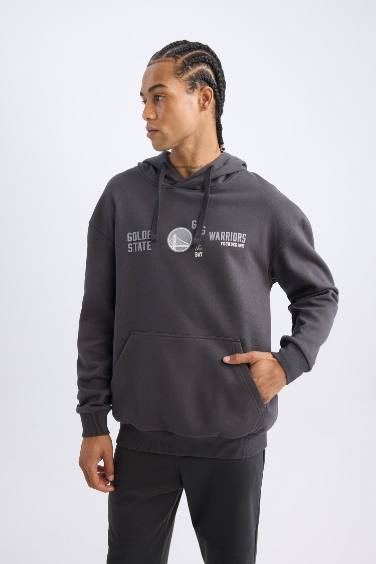 DeFactoFit NBA Golden State Warriors Boxy Fit Kapüşonlu Baskılı Kalın Sweatshirt