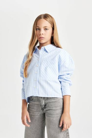 Girl Cotton Striped Long Sleeve Crop Shirt