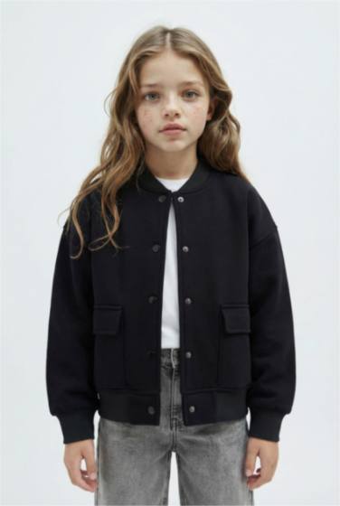 Girl College Collar Basic Soft Furry Inside Bomber Jacket