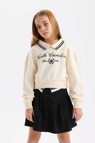 Girl Relax Fit Polo Neck Slogan Printed Sweatshirt