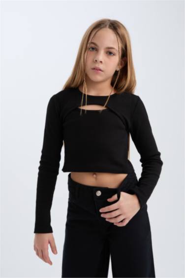 Girl Slim Fit Crew Neck Corduroy Camisole Black T-Shirt