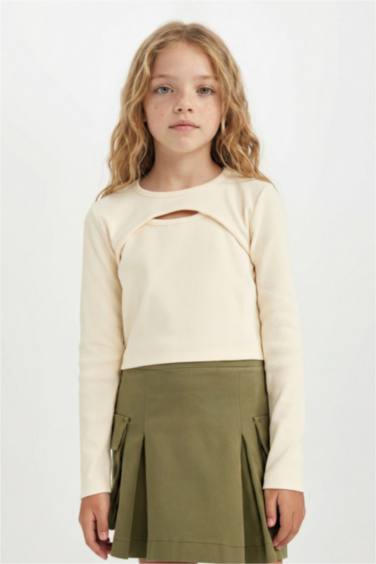 تيشيرت كم طويل مضلع سليم فيت برقبة مستديرة