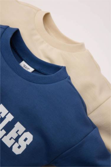 Erkek Bebek Bisiklet Yaka Baskılı İçi Yumuşak Tüylü 2'li Sweatshirt