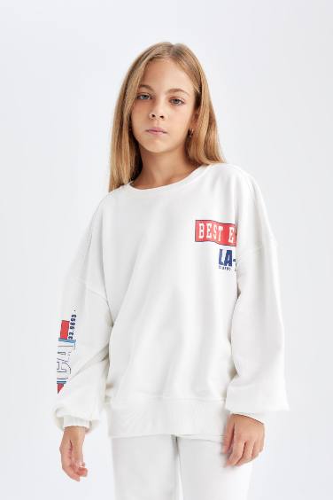 طقم بناتي قصة مريحة سويت شيرت وبنطلون - قطعتين