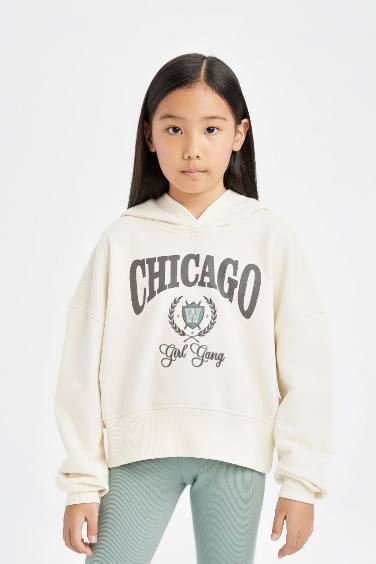 Kız Çocuk 2'li Takım Kapüşonlu Baskılı Sweatshirt Beli Lastikli Fitilli Kaşkorse Tayt