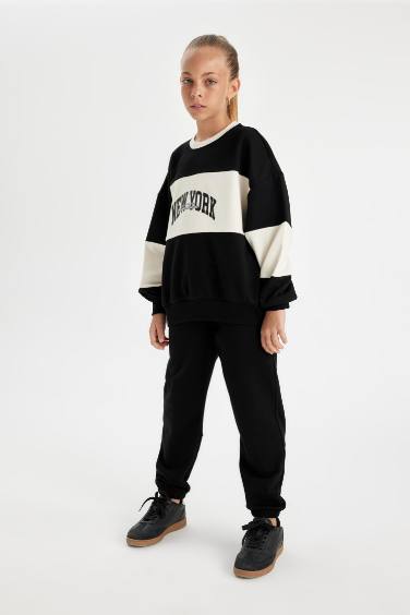 Kız Çocuk Baskılı Beli Paçası Lastikli Cepli Siyah Jogger Eşofman Altı