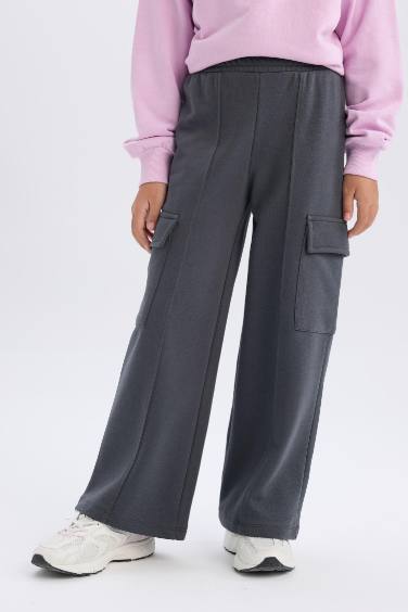 سروال سويت بانتس بناتي واسع برجل واسع وجيب