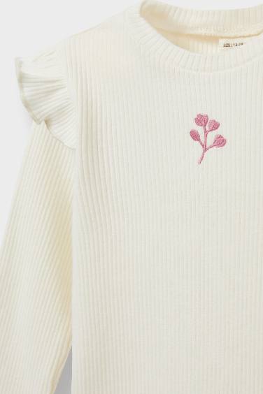 Kız Bebek Bisiklet Yaka Çiçekli Fitilli Kaşkorse Uzun Kollu Okul Tişörtü