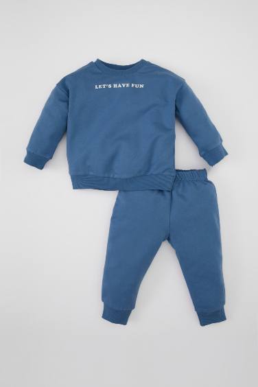 Kız Bebek 2'li Takım Bisiklet Yaka Baskılı Sweatshirt Jogger Eşofman Altı