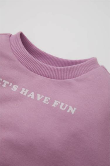 طقم بيبي بناتي سويت شيرت وسويت بانتس بطبعة شعار قصة عادية - قطعتين