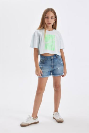 Girl Crew Neck Printed Crop T-Shirt