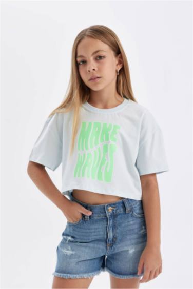 Girl Crew Neck Printed Crop T-Shirt