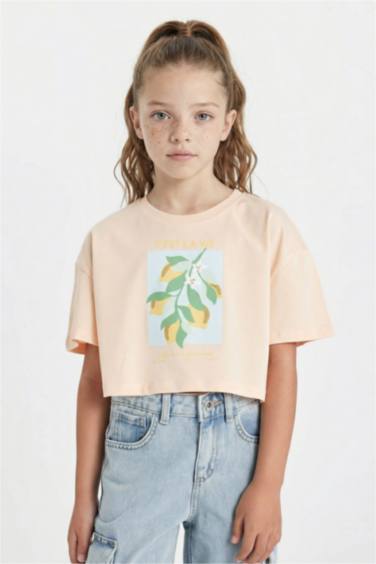 Girl Crew Neck Printed Crop T-Shirt