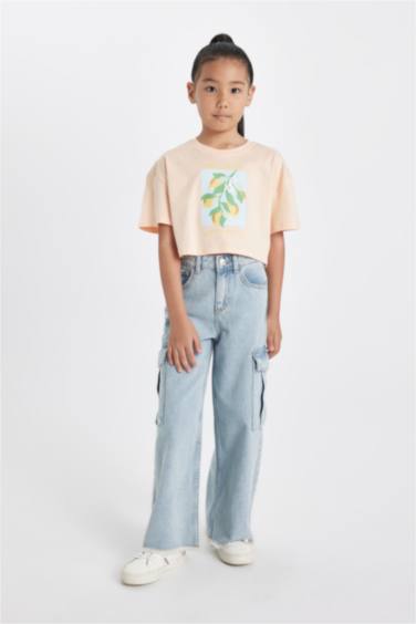 Girl Crew Neck Printed Crop T-Shirt