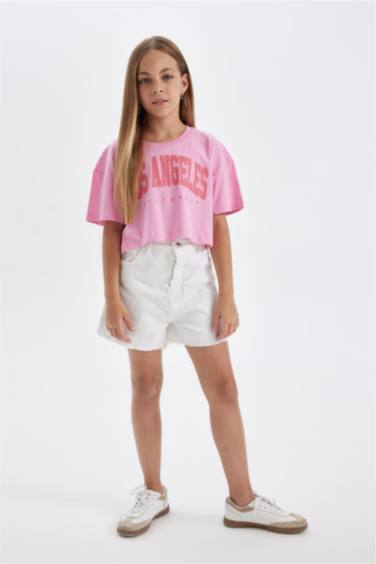 Girl Crew Neck Printed Crop T-Shirt