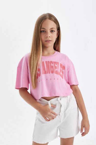 Girl Crew Neck Printed Crop T-Shirt