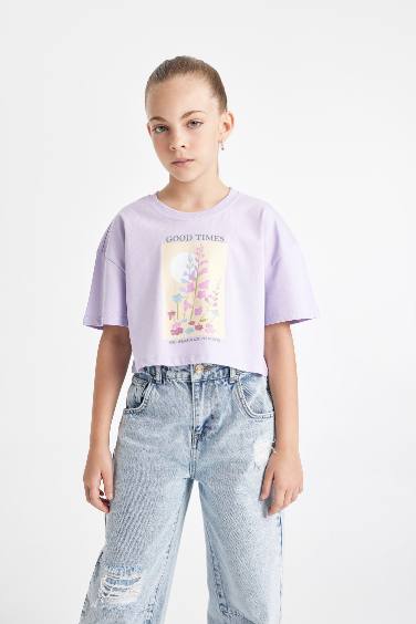 Girl Crew Neck Printed Crop T-Shirt