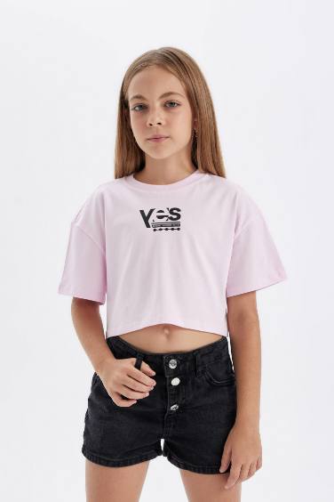 Girl Crew Neck Printed Crop T-Shirt