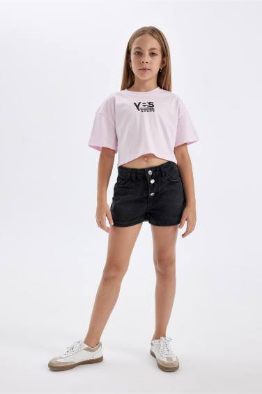 Girl Crew Neck Printed Crop T-Shirt