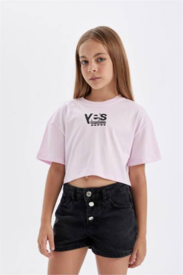 Girl Crew Neck Printed Crop T-Shirt