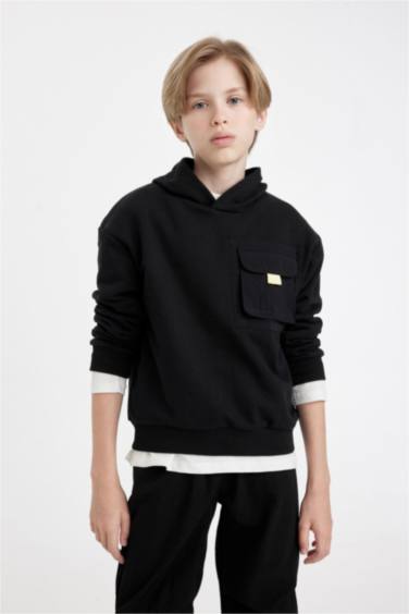 Boy Black Oversize Fit Wide Fit Hooded Sweatshirt