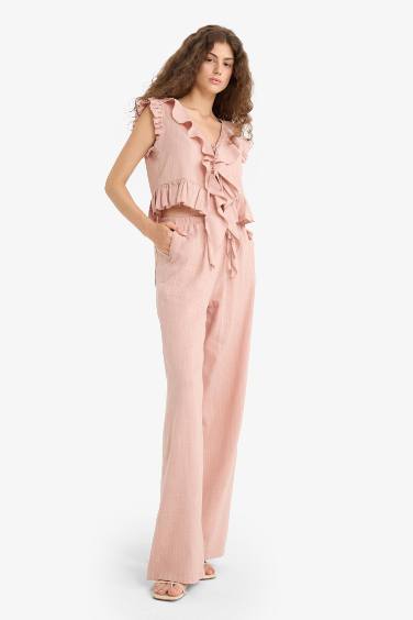 Pantolon Wide Leg Çift Cepli Normal Bel Standart Boy