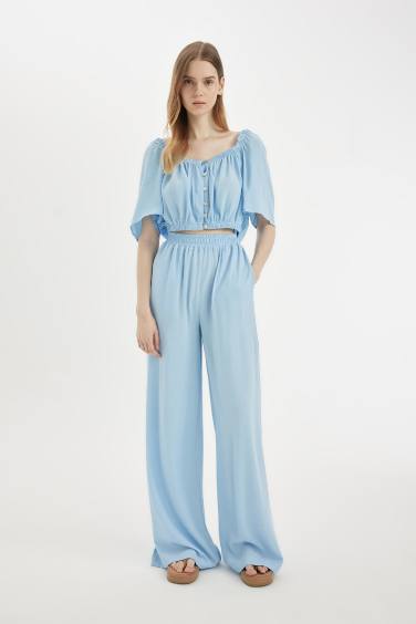 Regular Fit Square Collar Short Sleeve Blouse