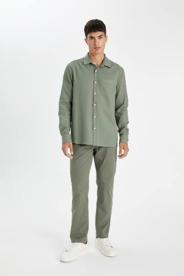 %100 Pamuk Regular Fit Waffle Basic Düz Uzun Kollu Gömlek