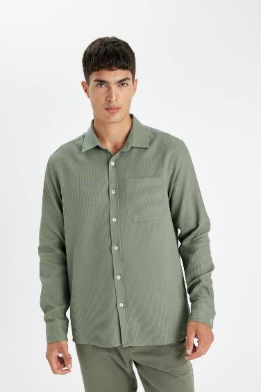 %100 Pamuk Regular Fit Waffle Basic Düz Uzun Kollu Gömlek