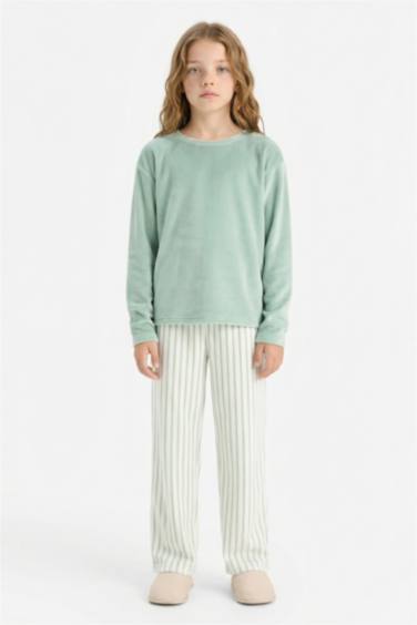 Kız Çocuk Pijama Takımı Polar Uzun Kollu Üst Çizgili Uzun Alt