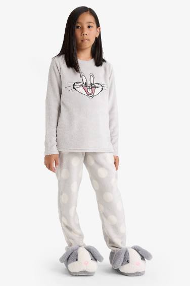 Kız Çocuk Looney Tunes Pijama Takımı Nakışlı Pelüş Uzun Kollu Üst Uzun Alt