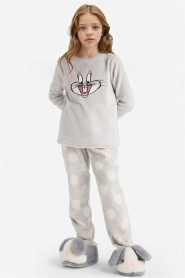 Kız Çocuk Looney Tunes Pijama Takımı Nakışlı Pelüş Uzun Kollu Üst Uzun Alt