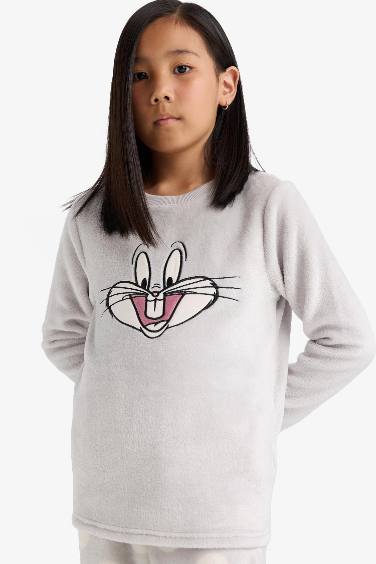 Kız Çocuk Looney Tunes Pijama Takımı Nakışlı Pelüş Uzun Kollu Üst Uzun Alt