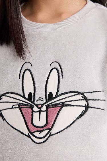 Kız Çocuk Looney Tunes Pijama Takımı Nakışlı Pelüş Uzun Kollu Üst Uzun Alt