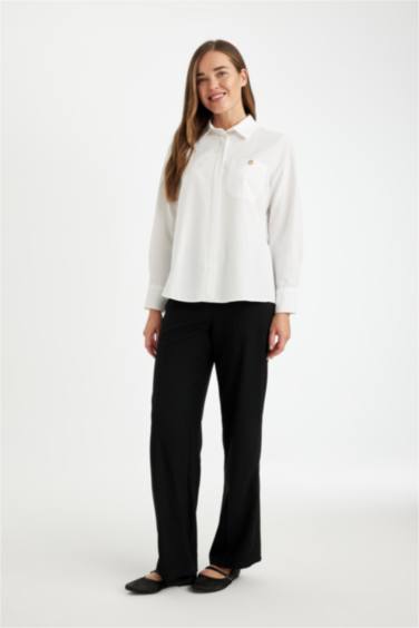 Relax Fit Düğmeli Cepli Basic Düz Poplin Uzun Kollu Gömlek