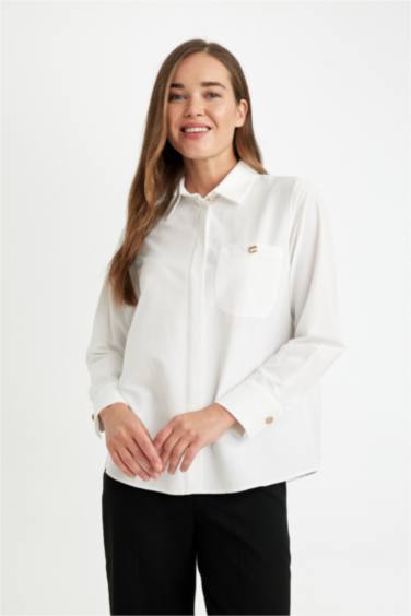 Relax Fit Düğmeli Cepli Basic Düz Poplin Uzun Kollu Gömlek