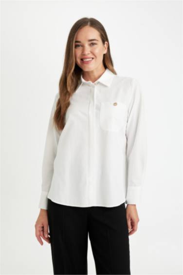 Relax Fit Düğmeli Cepli Basic Düz Poplin Uzun Kollu Gömlek
