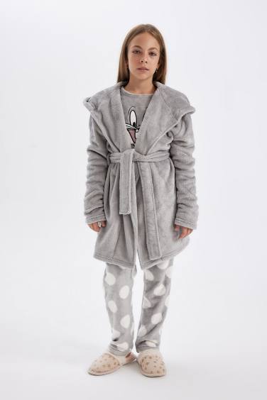 Girl Long Sleeve Hooded Belted Robe