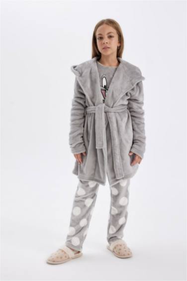 Girl Long Sleeve Hooded Belted Robe