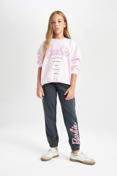 Kız Çocuk Pembe Barbie Oversize Geniş Kalıp Bisiklet Yaka İçi Yumuşak Tüylü Sweatshirt