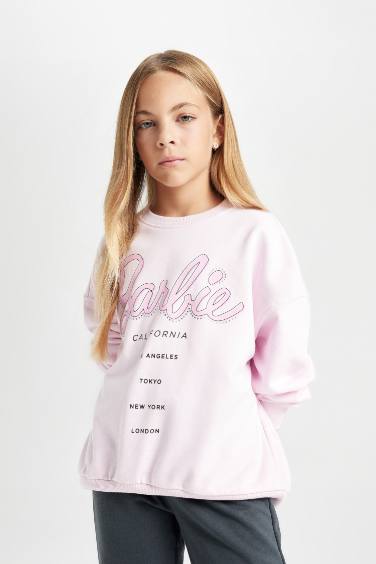 Kız Çocuk Pembe Barbie Oversize Geniş Kalıp Bisiklet Yaka İçi Yumuşak Tüylü Sweatshirt